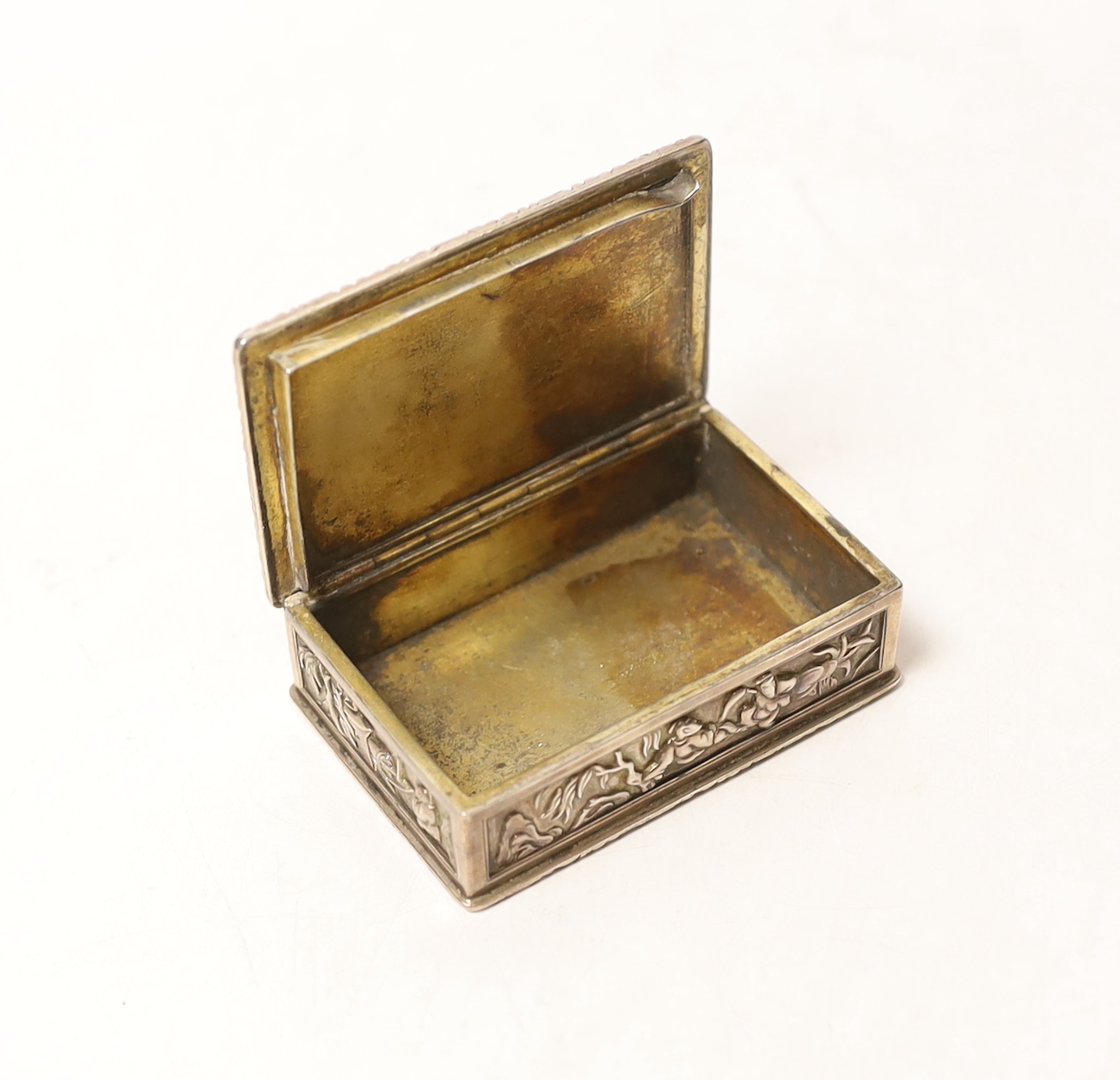 A Burmese? white metal box rectangular snuff box, 67mm.